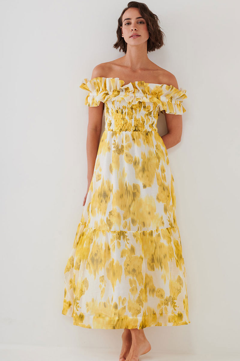 Sukienka letnia Maryan Mehlhorn Florals Yellow Linen Silk Long Dress M3009